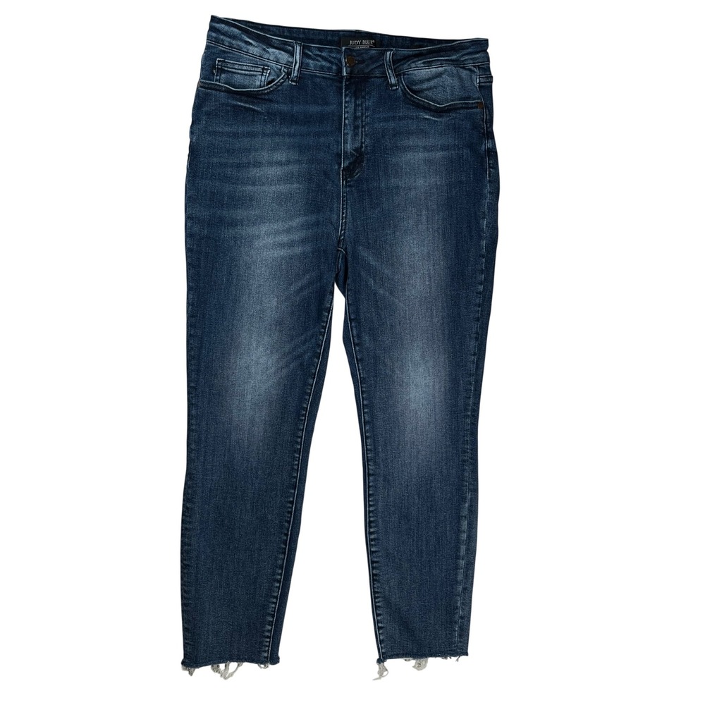 Judy Blue Relaxed Fit Jeans Women 13/31 Dark Wash Raw Hem Distressed Pocket